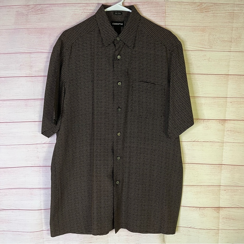 Claiborne 100% Silk Black‎ Brown Shirt Sleeve Button Down Shirt Size Medium